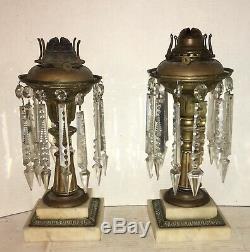 RARE PAIR of Antique Brass Astral Lamp Solar Lamps withCut Shades Prisms Marble