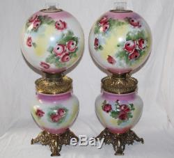 RARE PAIR of HAND PAINTED Antique Gone with the Wind Oil Parlor Lamps