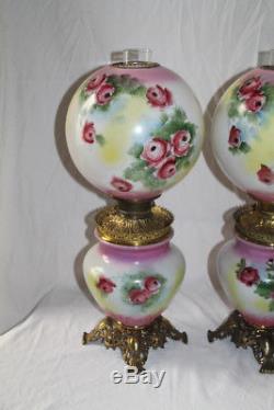 RARE PAIR of HAND PAINTED Antique Gone with the Wind Oil Parlor Lamps