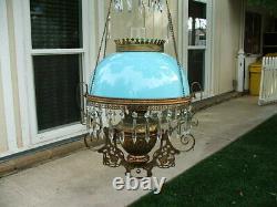 RARE Robins Egg Blue Hanging Parlor Lamp, Library, Oil, GWTW, Antique, 1887