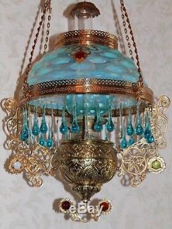 RARE Victorian Bradley Hubbard Jeweled Hanging Library Kerosene Oil Lamp