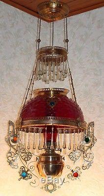RARE Victorian Bradley Hubbard Jeweled Hanging Library Kerosene Oil Lamp