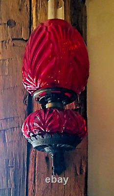 RARE Vintage Palm Leaf Ruby Glass Bracket Oil Lamp, P&A Burner, Ebling Collar