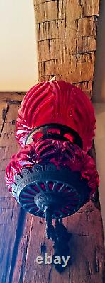 RARE Vintage Palm Leaf Ruby Glass Bracket Oil Lamp, P&A Burner, Ebling Collar