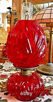 RARE Vintage Palm Leaf Ruby Glass Bracket Oil Lamp, P&A Burner, Ebling Collar