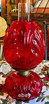 RARE Vintage Palm Leaf Ruby Glass Bracket Oil Lamp, P&A Burner, Ebling Collar