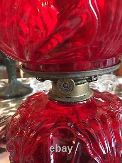 RARE Vintage Palm Leaf Ruby Glass Bracket Oil Lamp, P&A Burner, Ebling Collar