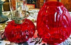 RARE Vintage Palm Leaf Ruby Glass Bracket Oil Lamp, P&A Burner, Ebling Collar