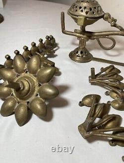 RARE antique Indian 5 piece multi wick brass Diyas oil burning table lamp ornate