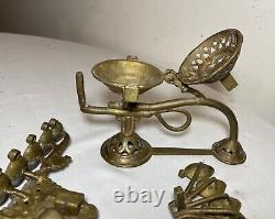 RARE antique Indian 5 piece multi wick brass Diyas oil burning table lamp ornate