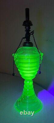 RARE antique green glowing ribbed vaseline glass brass burner oil table lamp