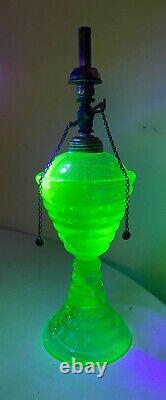 RARE antique green glowing ribbed vaseline glass brass burner oil table lamp