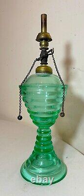 RARE antique green glowing ribbed vaseline glass brass burner oil table lamp