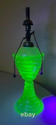 RARE antique green glowing ribbed vaseline glass brass burner oil table lamp