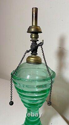 RARE antique green glowing ribbed vaseline glass brass burner oil table lamp