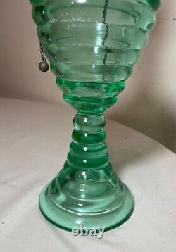 RARE antique green glowing ribbed vaseline glass brass burner oil table lamp