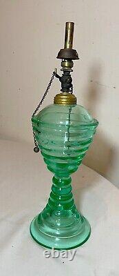 RARE antique green glowing ribbed vaseline glass brass burner oil table lamp