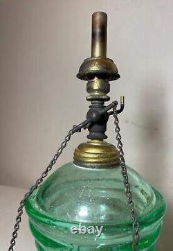 RARE antique green glowing ribbed vaseline glass brass burner oil table lamp