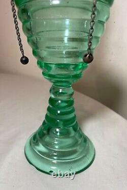 RARE antique green glowing ribbed vaseline glass brass burner oil table lamp