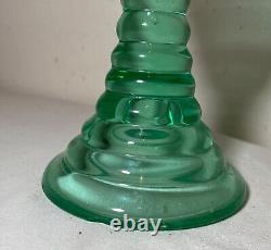 RARE antique green glowing ribbed vaseline glass brass burner oil table lamp