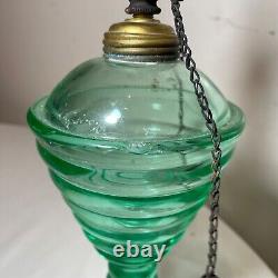 RARE antique green glowing ribbed vaseline glass brass burner oil table lamp