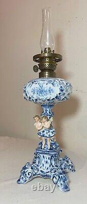 RARE antique ornate handmade painted blue white delft porcelain cherub oil lamp