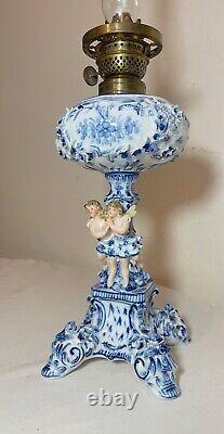 RARE antique ornate handmade painted blue white delft porcelain cherub oil lamp