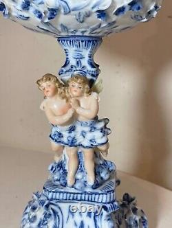 RARE antique ornate handmade painted blue white delft porcelain cherub oil lamp