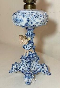 RARE antique ornate handmade painted blue white delft porcelain cherub oil lamp