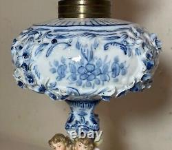 RARE antique ornate handmade painted blue white delft porcelain cherub oil lamp