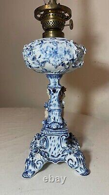 RARE antique ornate handmade painted blue white delft porcelain cherub oil lamp