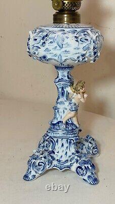 RARE antique ornate handmade painted blue white delft porcelain cherub oil lamp