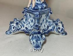 RARE antique ornate handmade painted blue white delft porcelain cherub oil lamp