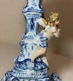 RARE antique ornate handmade painted blue white delft porcelain cherub oil lamp