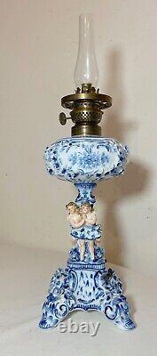 RARE antique ornate handmade painted blue white delft porcelain cherub oil lamp