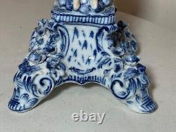 RARE antique ornate handmade painted blue white delft porcelain cherub oil lamp