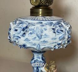 RARE antique ornate handmade painted blue white delft porcelain cherub oil lamp