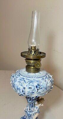 RARE antique ornate handmade painted blue white delft porcelain cherub oil lamp