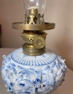 RARE antique ornate handmade painted blue white delft porcelain cherub oil lamp