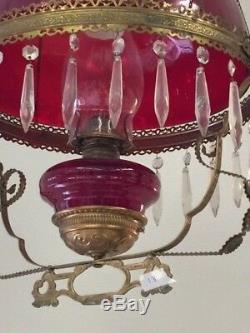 REDUCED! Antique Brass and Cranberry Glass Hanging Oil Lamp Chandelier