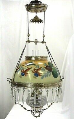 RESTORED Antique Copper & Brass Hanging Oil Lamp Hand Painted Floral Glass Shade