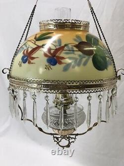 RESTORED Antique Copper & Brass Hanging Oil Lamp Hand Painted Floral Glass Shade