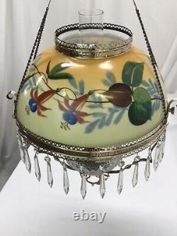 RESTORED Antique Copper & Brass Hanging Oil Lamp Hand Painted Floral Glass Shade