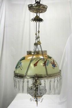 RESTORED Antique Copper & Brass Hanging Oil Lamp Hand Painted Floral Glass Shade