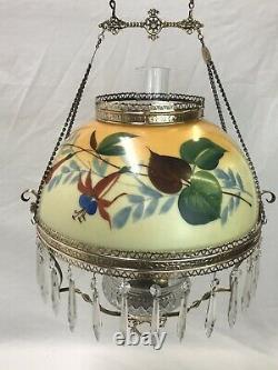 RESTORED Antique Copper & Brass Hanging Oil Lamp Hand Painted Floral Glass Shade