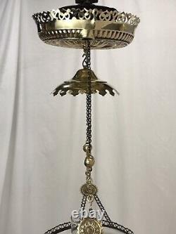 RESTORED Antique Copper & Brass Hanging Oil Lamp Hand Painted Floral Glass Shade