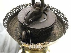 RESTORED Antique Copper & Brass Hanging Oil Lamp Hand Painted Floral Glass Shade