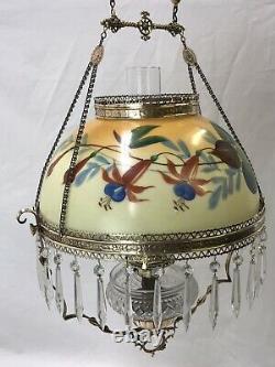 RESTORED Antique Copper & Brass Hanging Oil Lamp Hand Painted Floral Glass Shade
