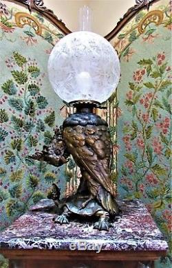 Rare 1870 CRAIGHEAD & KINTZ Cockatoo Oil Lamp w Stunning Etched Dragon Fly Globe