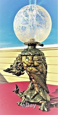 Rare 1870 CRAIGHEAD & KINTZ Cockatoo Oil Lamp w Stunning Etched Dragon Fly Globe